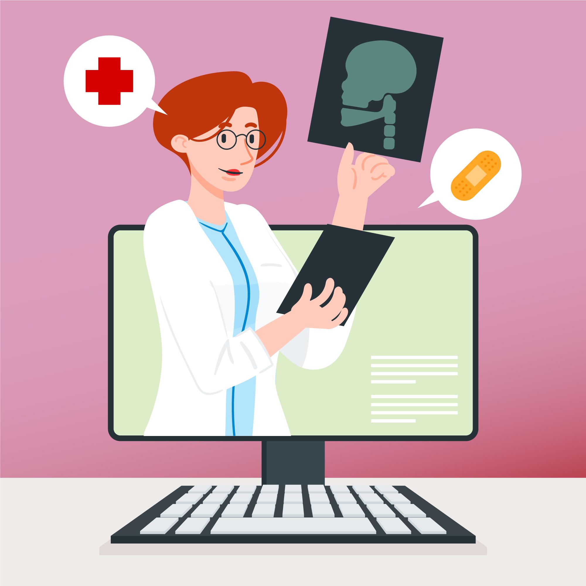 Médica em consulta online com prontuário e exames, representando telemedicina CURAE